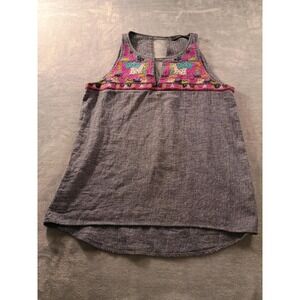 THML Tank Top Womens Medium Blue Chambray Linen Blend Embroidered Boho Tunic Top